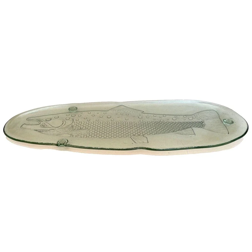 NEW Large Pottery Barn Serving Platter Fish Salmon Thick Green Glass Italy 23